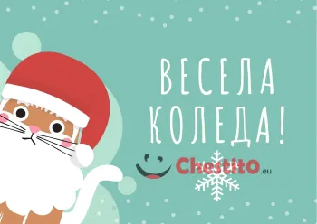 Картичка за коледа  котка с брада и шапка на зелен фон и снежинки 