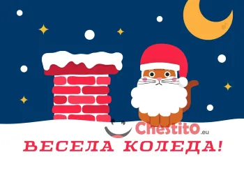 Картичка за коледа  комин луна и сняг и коте с брада и колдена шапка 