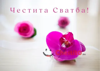 Картичка за сватба лилави цветя и надпис на бял фон 