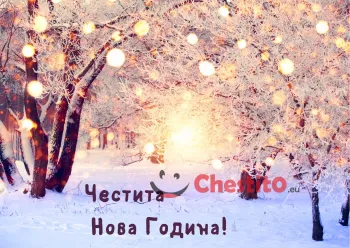 Картичка за Нова Година  снежно бяла гора с лампички по дървото 