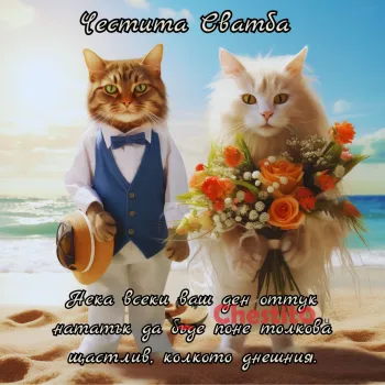 Картичка за сватба котка и котарак младоженци на плажа 