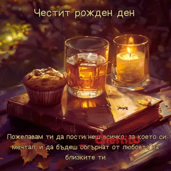 Картичка за рожден ден на мъж мъфин , чаша уиски и свещ 