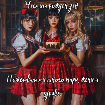 Картичка за рожден ден на мъж  три жени облечени като ученички с подарък