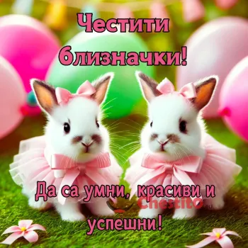 Картичка с бебета зайчета близначки, които носят розови рокли на зелена поляна и балони. Съпроводено със оригинално пожелание за бебета близначки.