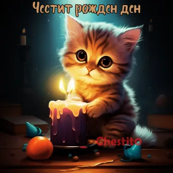 Картичка за рожден ден   коте с мъфин и свещичка 
