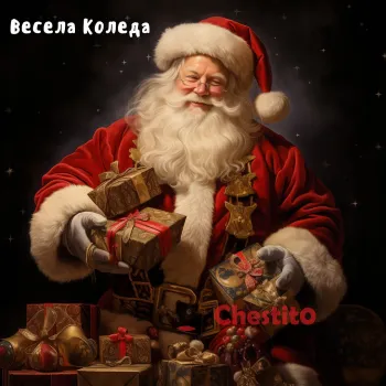 Картичка за Коледа Дядо Коледа и подаръци на тъмен фон 