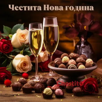 Картичка за Нова година  бонбони , шампанско и рози 