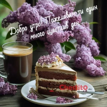 Картичка за Добро утро люляци , кафе и торта 