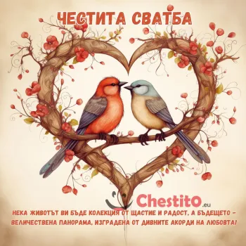 Картичка за сватба влюбени птички на клон и сърце около тях 