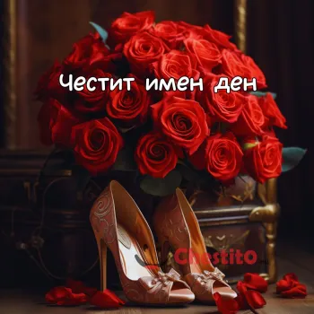 Картичка за имен ден  букет от рози и дамски токчета