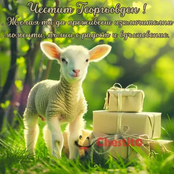 Агне с подаръци на зелена поляна