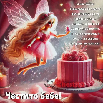 Вълшебна фея , около розова торта и звезди за фон. Картичка с пожелание за новородено бебе момиче.