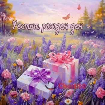 Картичка за рожден ден  с лавандули и подаръци на поляна 