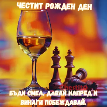 Картичка за рожден ден на мъж чаша вино и шах на шарен фон 