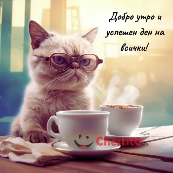 Картичка за Добро утро  котка с очила и кафе на маса 