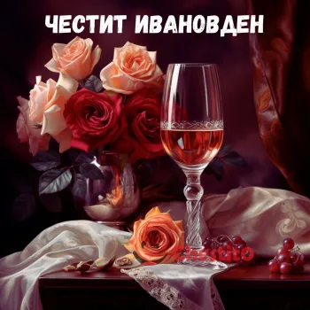 Картичка за Ивановден  чаша розе и рози 