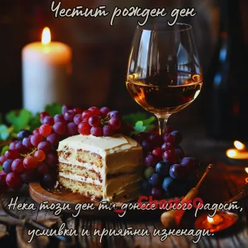 Картичка за рожден ден на мъж вино, грозде и свещ на тъмен фон 