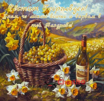 Кошница с грозде , вино и нарциси 