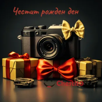 Картичка за рожден ден на момче фотоапарат подарък и панделка 
