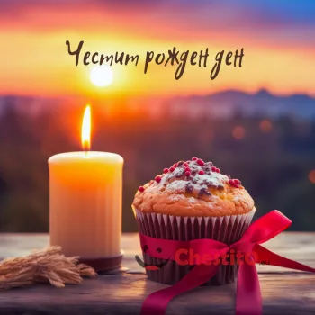 Картичка за рожден ден   мъфин и свещичка и изгрев за фон 