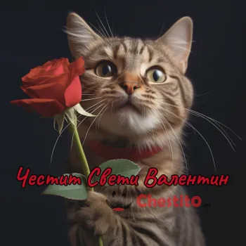 Картичка за Свети Валентин котка с роза на тъмен фон 
