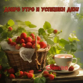 Картичка за Добро утро кошница с ягоди и кафе в гората 