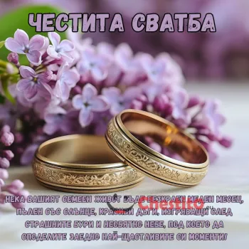 Картичка за сватба  люлаци и сватбени халки с пожелание 