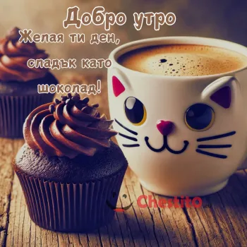 Картичка за добро утро с кафе, кексче и коте на чашата