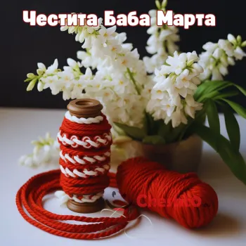 Картичка за Баба Марта бели цветя и гривни от бяла и червена прежда