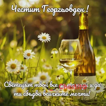 Вино на зелена поляна и маргаритки