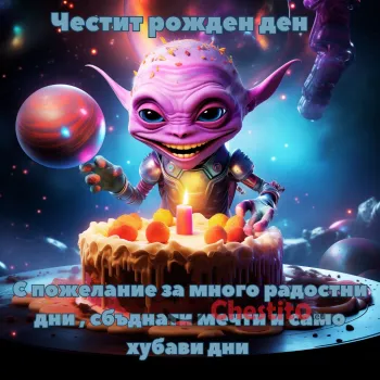 Картичка за рожден ден на момче извънземно с торта и послание 