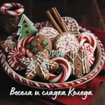 Картичка за Коледа  коледни сладки и пожелание 