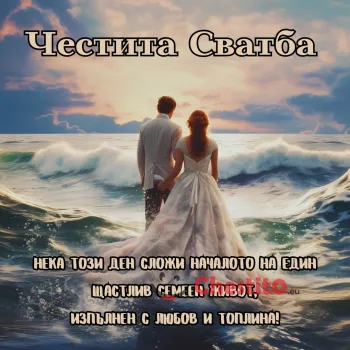 Картичка за сватба младоженци в морето и пожелание 