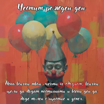 Картичка за рожден ден на мъж клоун с балони на шарен фон 