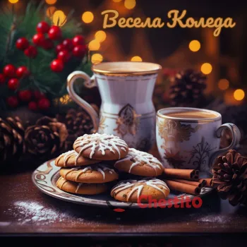Картичка за Коледа  бисквитки, кафе и коледна украса