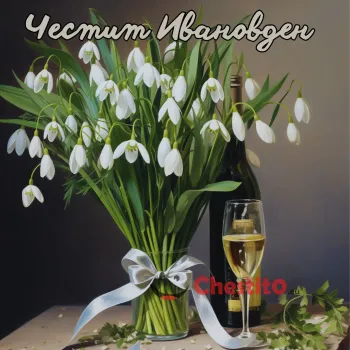 Картичка за Ивановден  кокиче , чаша шампанско 