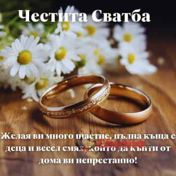 Картичка за сватба  сватбени халки и маргаритки на заден фон плюс  пожелание 