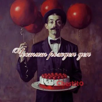 Картичка за рожден ден на мъж Чарли Чаплин с торта и балони