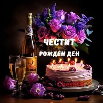Картичка за рожден ден  торта със свещички, лилави рози и бутилка алкохол