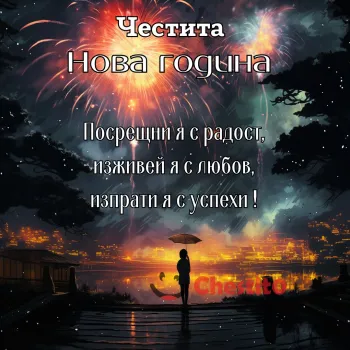 Картичка за Нова година вечерна празнична заря 