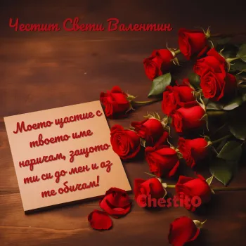 Картичка за Свети Валентин  Рози и писмо на дървен фон 