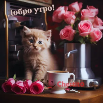 Картичка за Добро утро коте рози , кафе и кафемашина 