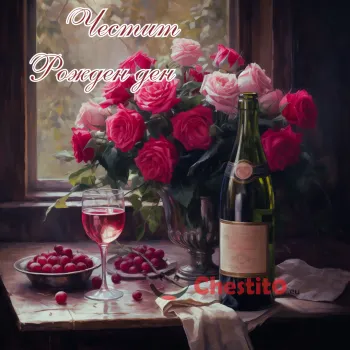 Картичка за рожден ден  рози и вино 