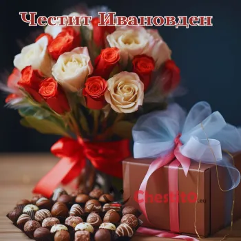 Картичка за Ивановден  рози, подарък и бонбони